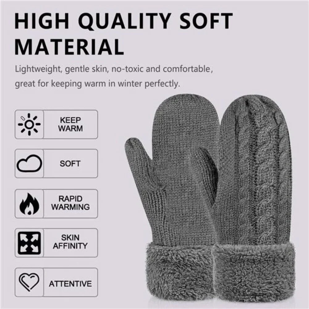 Women's Winter Gloves Warm Lining - Cozy Wool Knit Thick Gloves Mittens
